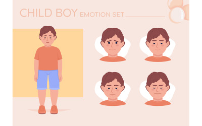 Conjunto de emociones de carácter de color semiplano de niño avergonzado