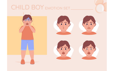 Conjunto de emociones de carácter de color semiplano de niño pequeño asustado