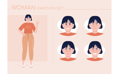 Ensemble d&amp;#39;émotions de personnage de couleur semi-plate heureuse jeune femme