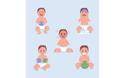 Estados de ánimo de bebé niño semi plano color vector conjunto de caracteres