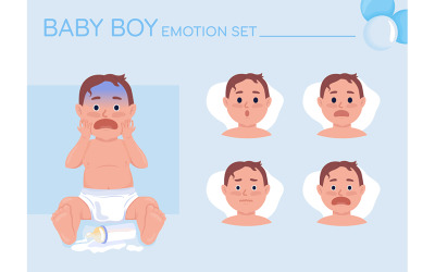 Förvirrad pojke semi platt färg karaktär känslor set
