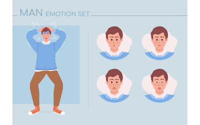 Geschokt jonge man semi-egale kleur karakter emoties set