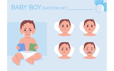 Gråtande pojke semi platt färg karaktär känslor set