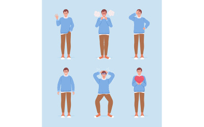 Мужчины, демонстрирующие различные эмоции, полуплоские цветовые векторные символы
