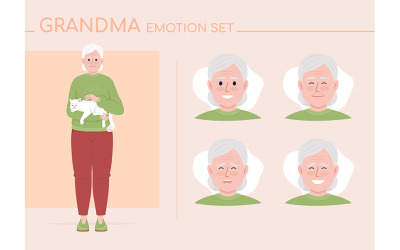 Pozitivní babička semi plochý barevný charakter emoce sada