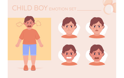Сердитий схвильований маленький хлопчик напів плоский колір характер емоції набір