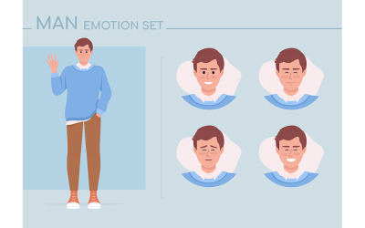 Set di emozioni del personaggio di colore semi piatto positivo del giovane