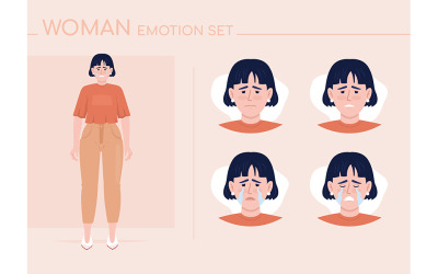 Set di emozioni del personaggio di colore semi piatto sconvolto della giovane donna