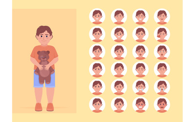 Set di emozioni di caratteri di colore semi piatto di varietà di umori da ragazzino