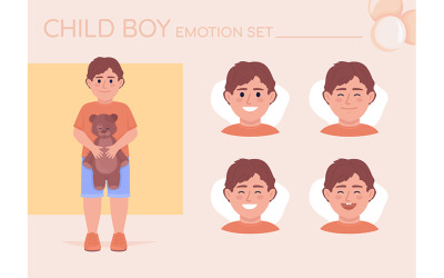 Szczęśliwy mały chłopiec zestaw emocji semi-płaskich kolorów