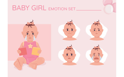 Unhappy little girl semi flat color character emotions set