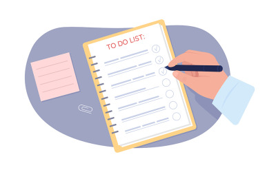 Uomo con l&amp;#39;illustrazione isolata di vettore 2D della lista di cose da fare