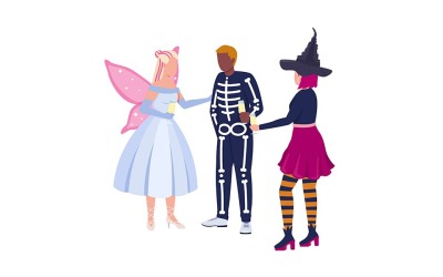 Vänner med kostymer som firar Halloween semi platt färg vektor tecken