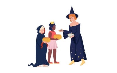 Woman giving candies to children semi flat color vector characters