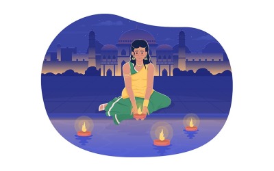 Diwali flicka som driver diya på floden 2D vektor isolerad illustration