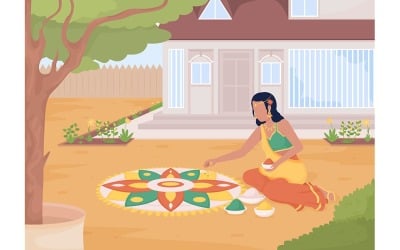 Hacer patrón de rangoli antes de la ilustración de vector de color plano de puerta delantera