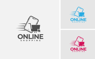 Design de logotipo de compras on-line. Telefone inteligente e carrinho de compras para comércio eletrônico na web ou negócios