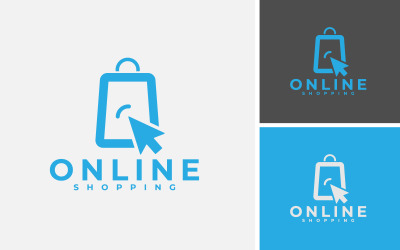 Online vásárlás logótervezés egérkurzorral és táskával az e-kereskedelmi webhez