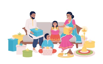 Familj utbyter gåvor på Diwali semi platt färg vektor tecken