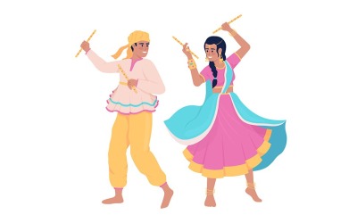 Pareja realizando danza india con palos de caracteres vectoriales de color semiplano