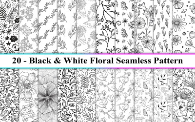 Padrão floral preto sem costura, fundo floral preto e branco