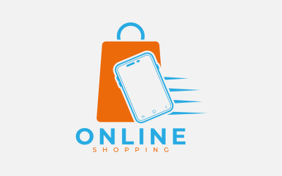 Koncepcja projektowania logo firmy e-commerce dla torby na zakupy i smartfona