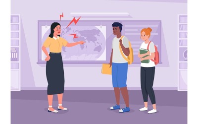 Arg lärare skäller skyldiga studenter platt färg vektorillustration