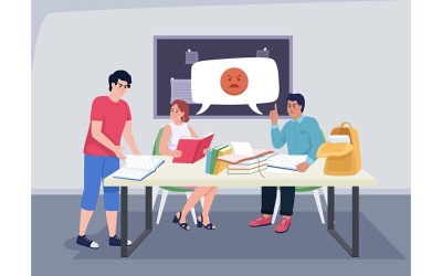 Konflikt mellan studenter under arbete på projekt platt färg vektorillustration