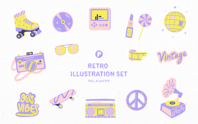 Funky Retro Items Illustratie Set