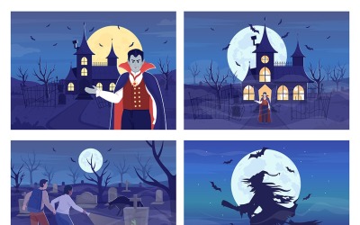 Wicked nighttime flat color vector illustration set