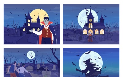 Wicked nighttime platt färg vektor illustration set