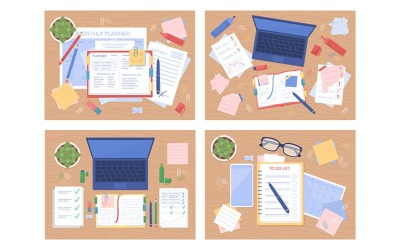 Studera tablespace platt färg vektor illustration set