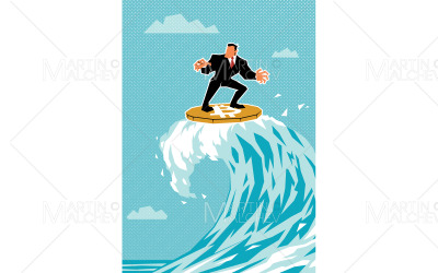 Бизнесмен, занимающийся серфингом на векторной иллюстрации биткойнов