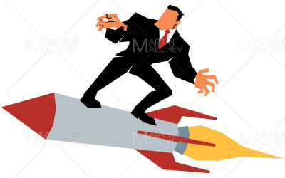 Geschäftsmann surft auf Rakete auf weißer Vektorillustration