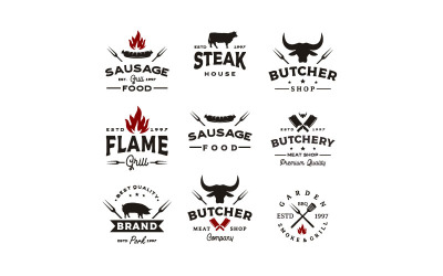 Churrasqueira vintage, churrascaria, conjunto de vetores de design de logotipo de açougueiro