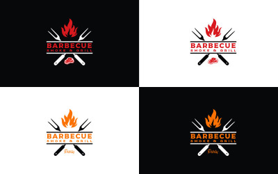 Forchetta incrociata con fuoco e carne per il design del logo del barbecue del barbecue della griglia dell&amp;#39;annata