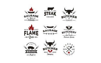 Vintage BBQ Grill, Steak House, rzeźnik Logo Design Vector Set