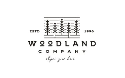 Retro Line Art Evergreen, sosna Logo Design Vector Template