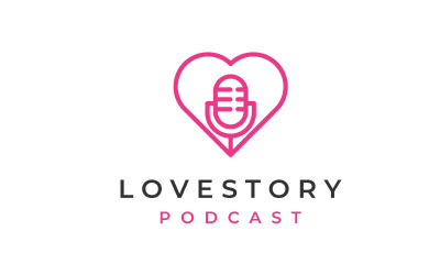 Símbolo de coração de amor com microfone para inspiração de design de logotipo de podcast de casamento