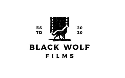 Lobo de silueta hipster rústico vintage con tira de película para el logotipo de producción de películas