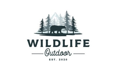 Forest Bear, Mountain und Pine Tree Adventure Logo Design Vector Template
