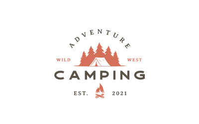 Retro Forest Camping, tienda y pinos Logo Design Vector Template