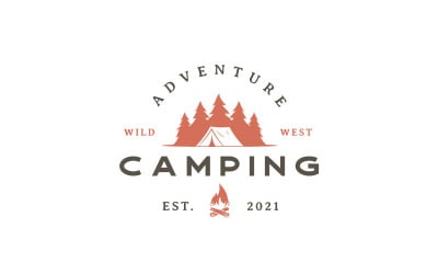 Retro-Wald-Camping, Zelt und Kiefern-Logo-Design-Vektor-Vorlage