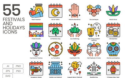 Conjunto de ícones de 55 Festivais e Feriados - Série Estética