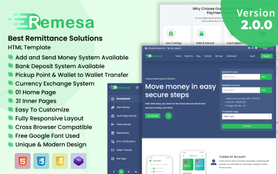 Remesa - HTML šablona pro nejlepší řešení pro převod peněz