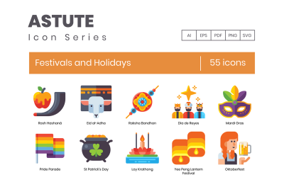 55 set di icone di festival e festività - serie Astute