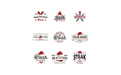 Vintage BBQ Grill, Steak House, Conjunto de diseño de logotipo de carnicero