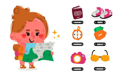 Menina com mochila segurando a ilustração do mapa