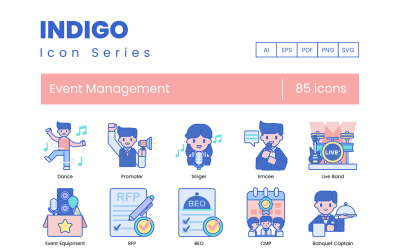 85 ikon zarządzania wydarzeniami — seria Indigo