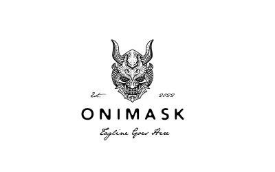 Vintage Elle Çizilmiş Japon İblisi Oni Maske Logo Tasarım Şablonu
